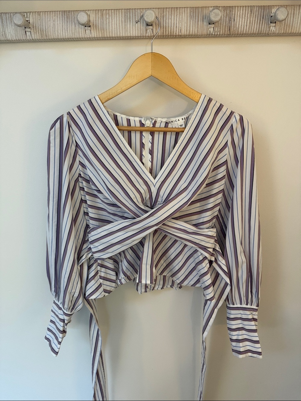 Veronica Beard Striped Twist-Front Blouse in White and Purple